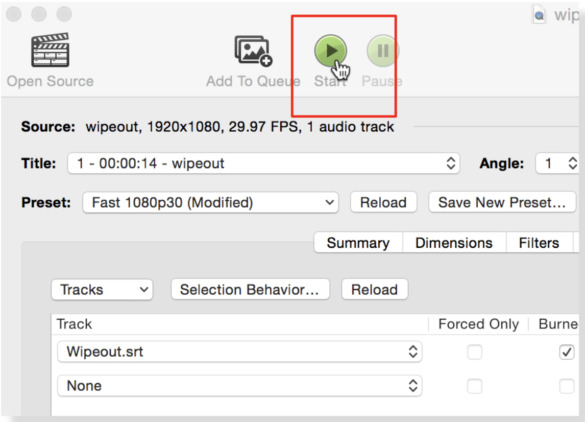 Click Start in Handbrake to begin encoding the captions into the media file.