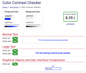 Screenshot of WebAIM's color contrast checker. You can enter the color of the text and background and it says pass or fail