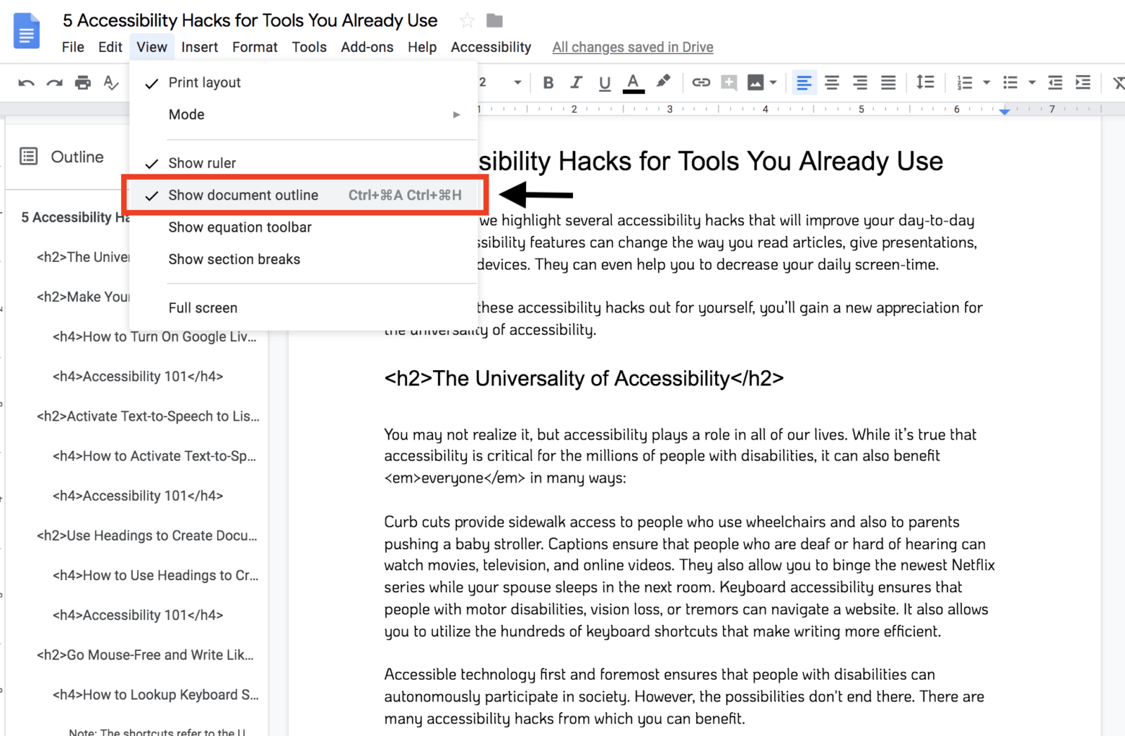 How to turn on outline view in Google Docs