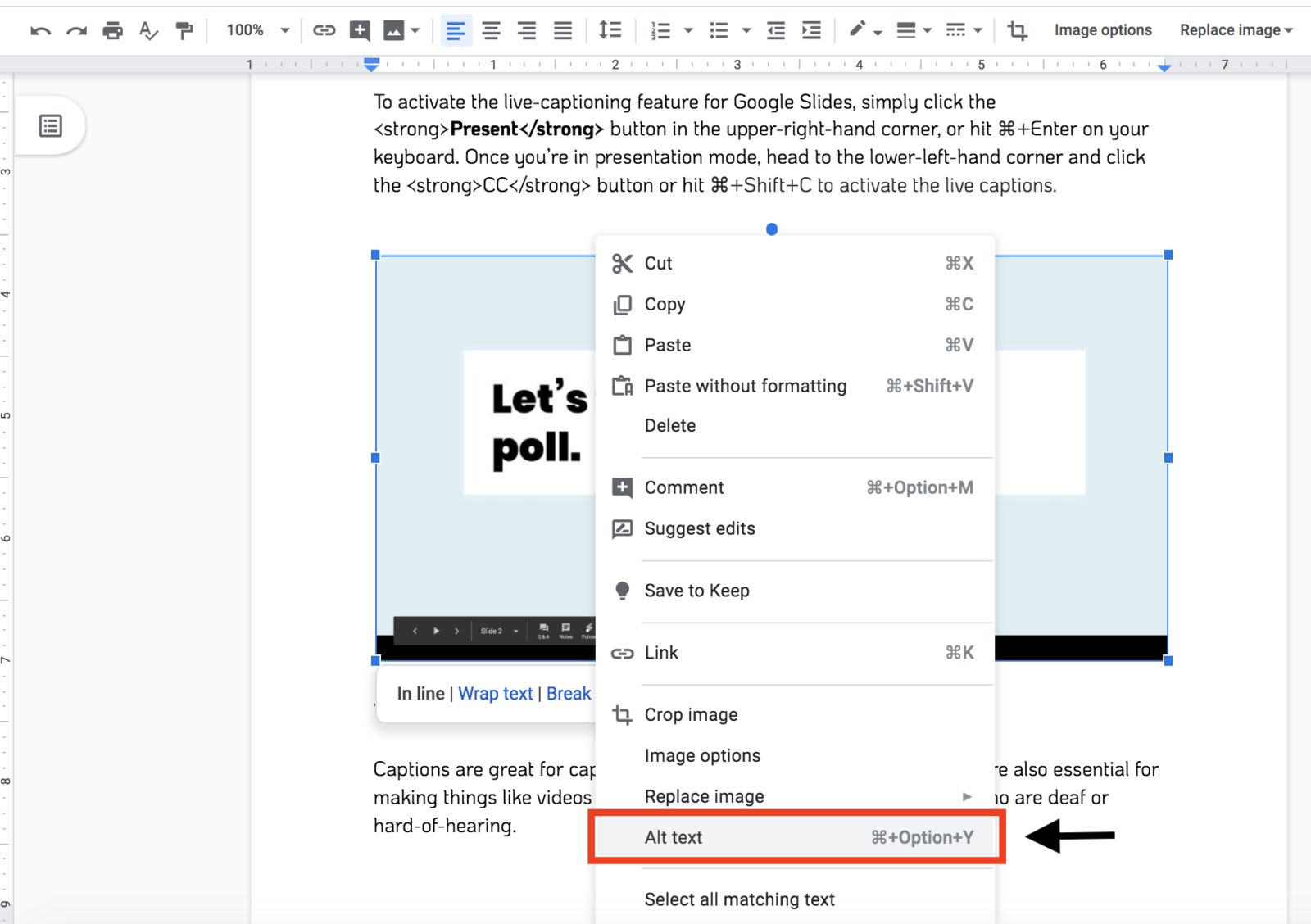 Right click on images in Google Docs and select "alt text" at the bottom of the menu