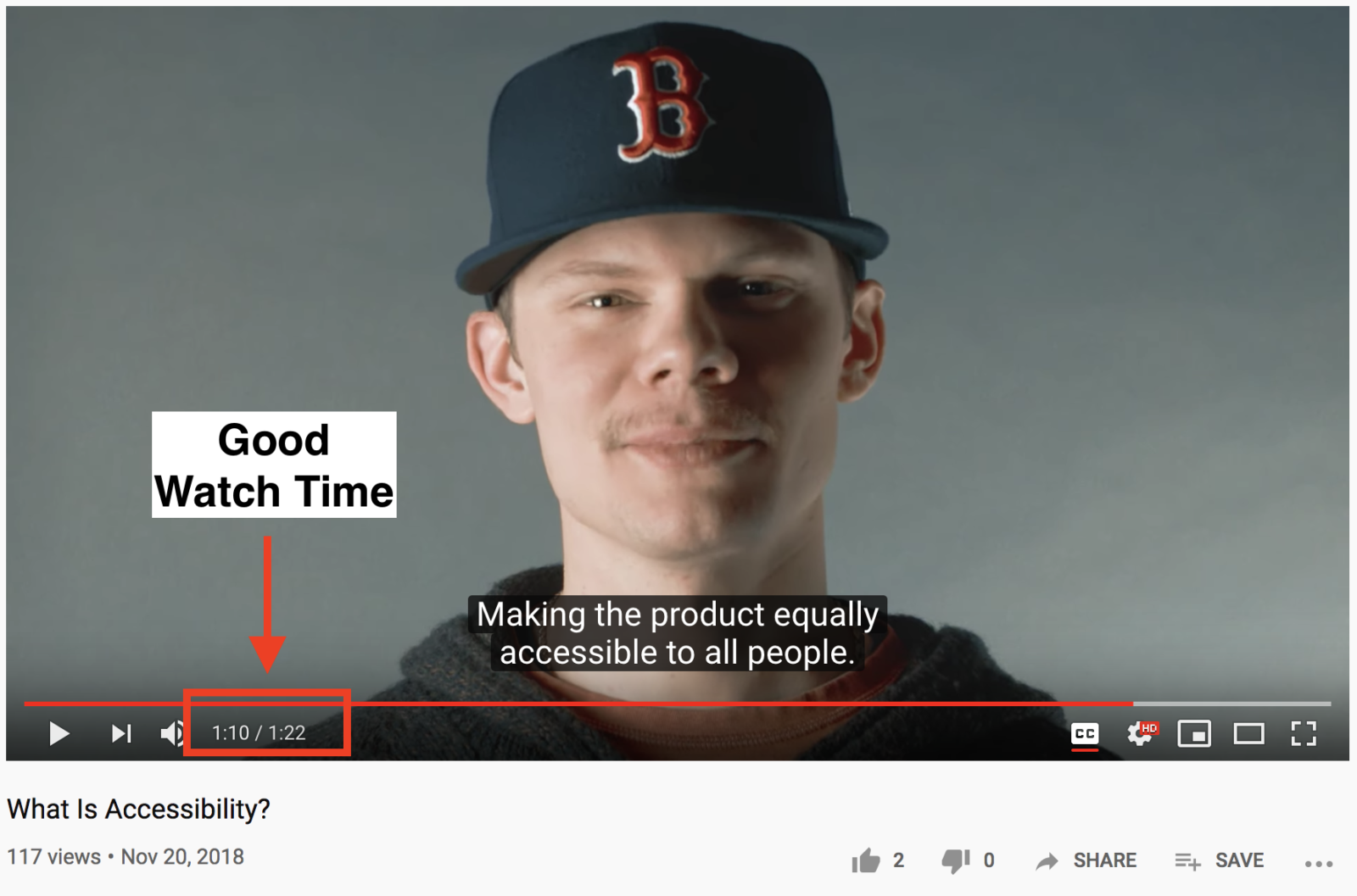 A screenshot of the "What Is Accessibility?" video by 3Play Media pointing out the watch time on the YouTube video player.