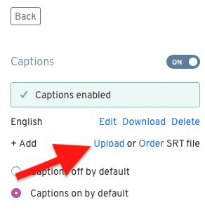 Wistia upload captions option with a red arrow pointing toward it