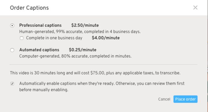 professional captions order option from Wistia