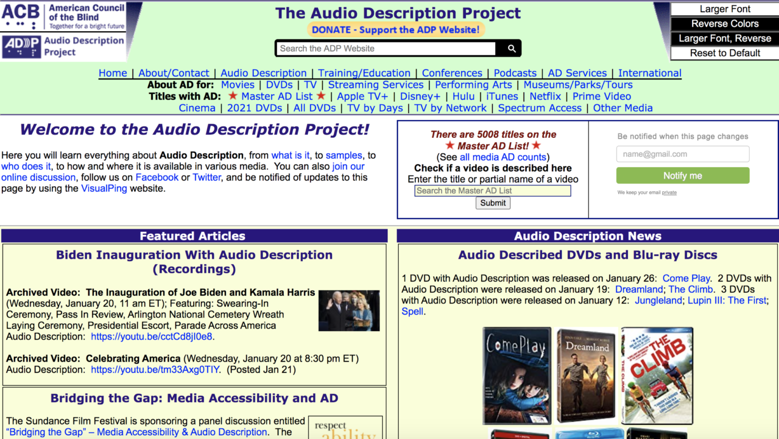 a screenshot of the ACB website that has a list of audio described movies