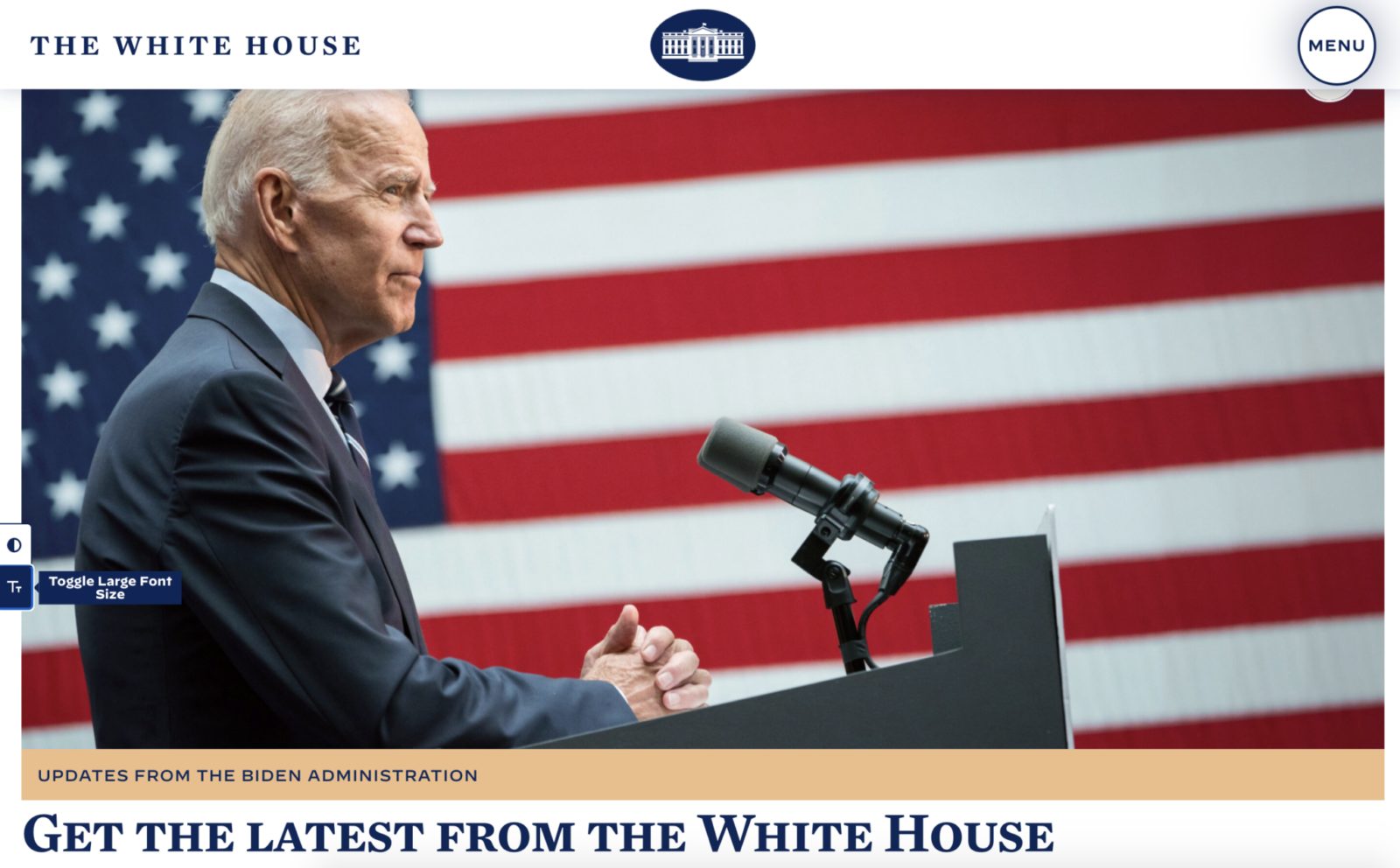 Whitehouse.gov with "toggle large font size" button on
