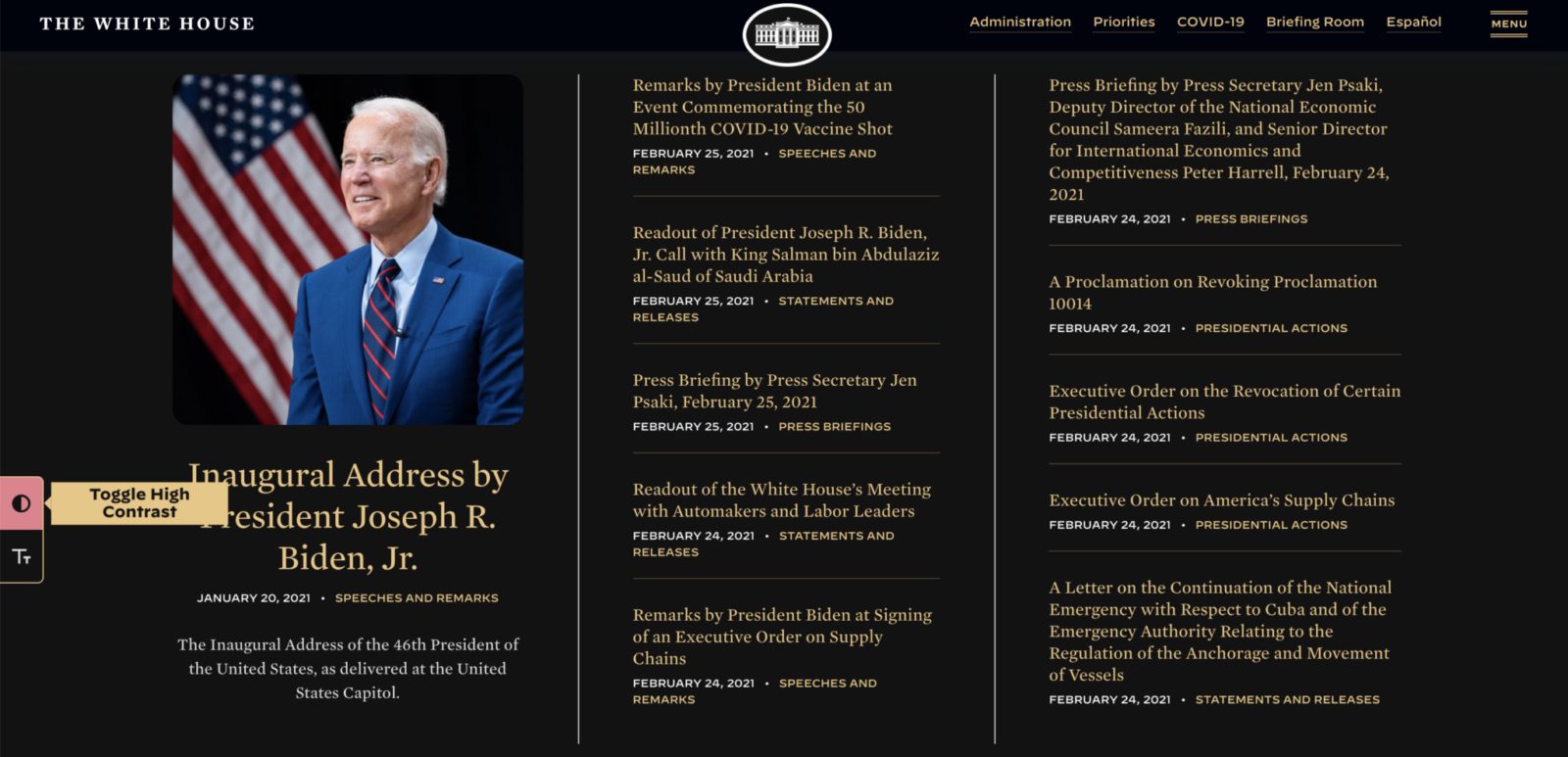 Whitehouse.gov showing dark mode