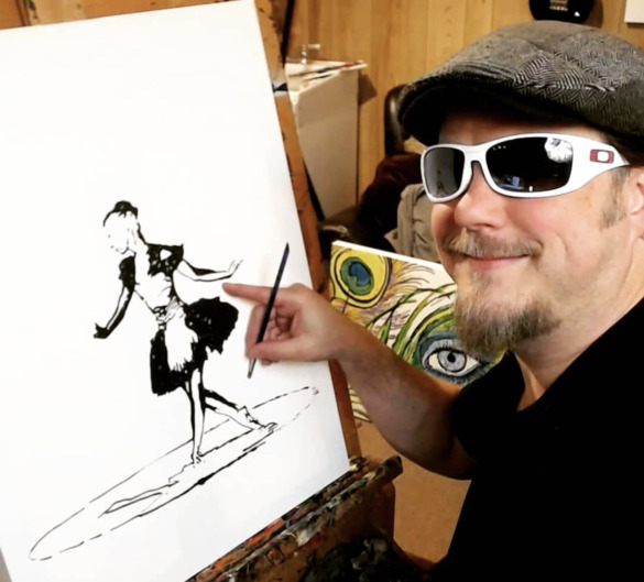 John Bramblitt smiles next to his painting of a ballerina