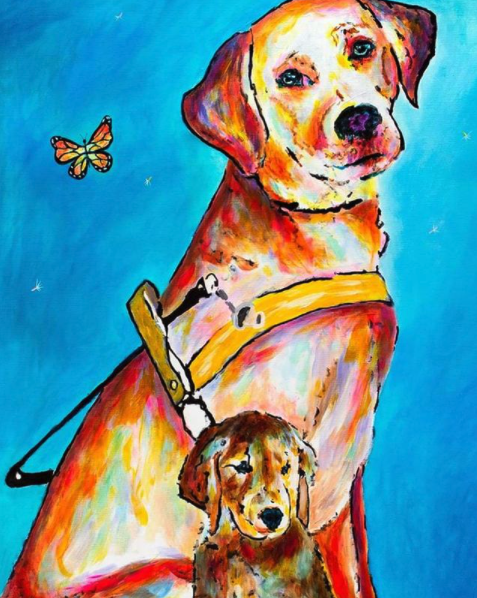 John Bramblitt's painting of his guide dog, Eagle, a yellow Labrador.
