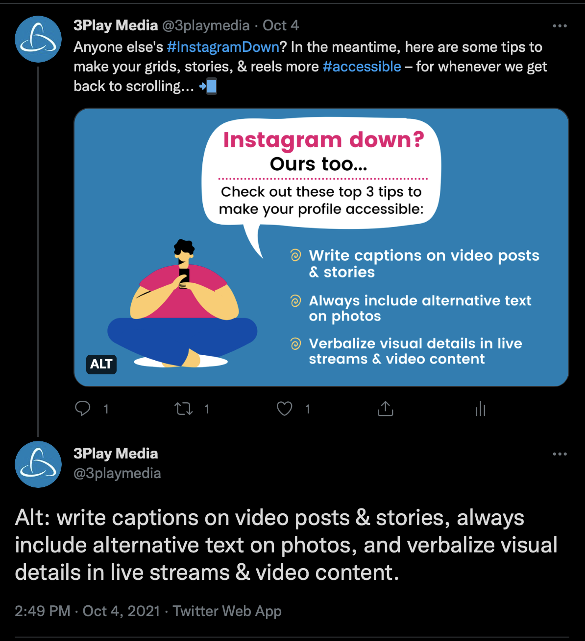 screenshot of an example of alt text from 3Play's twitter account