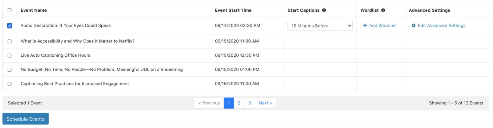 3Play Media Live Auto Captioning scheduling page