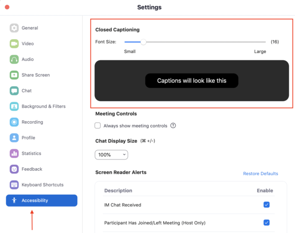 Zoom settings to edit the size of captions