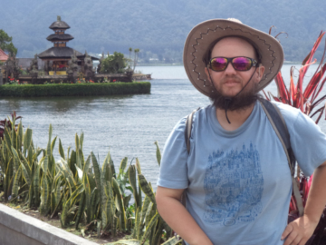 Tony poses in front of Lake Bratan in Bali, Indonesia