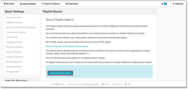 Once on the Playlist Search page, click Activate Playlist Search.