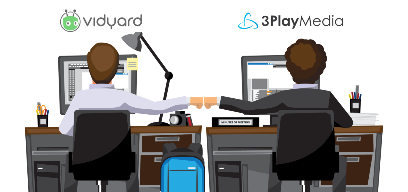 Two males fist bump with Vidyard Logo above one and 3Play Media Logo above the other. This represents the new integration between Vidyard and 3Play Media.
