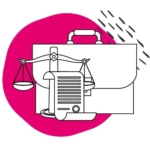 Briefcase, legal scale, and document on pink background