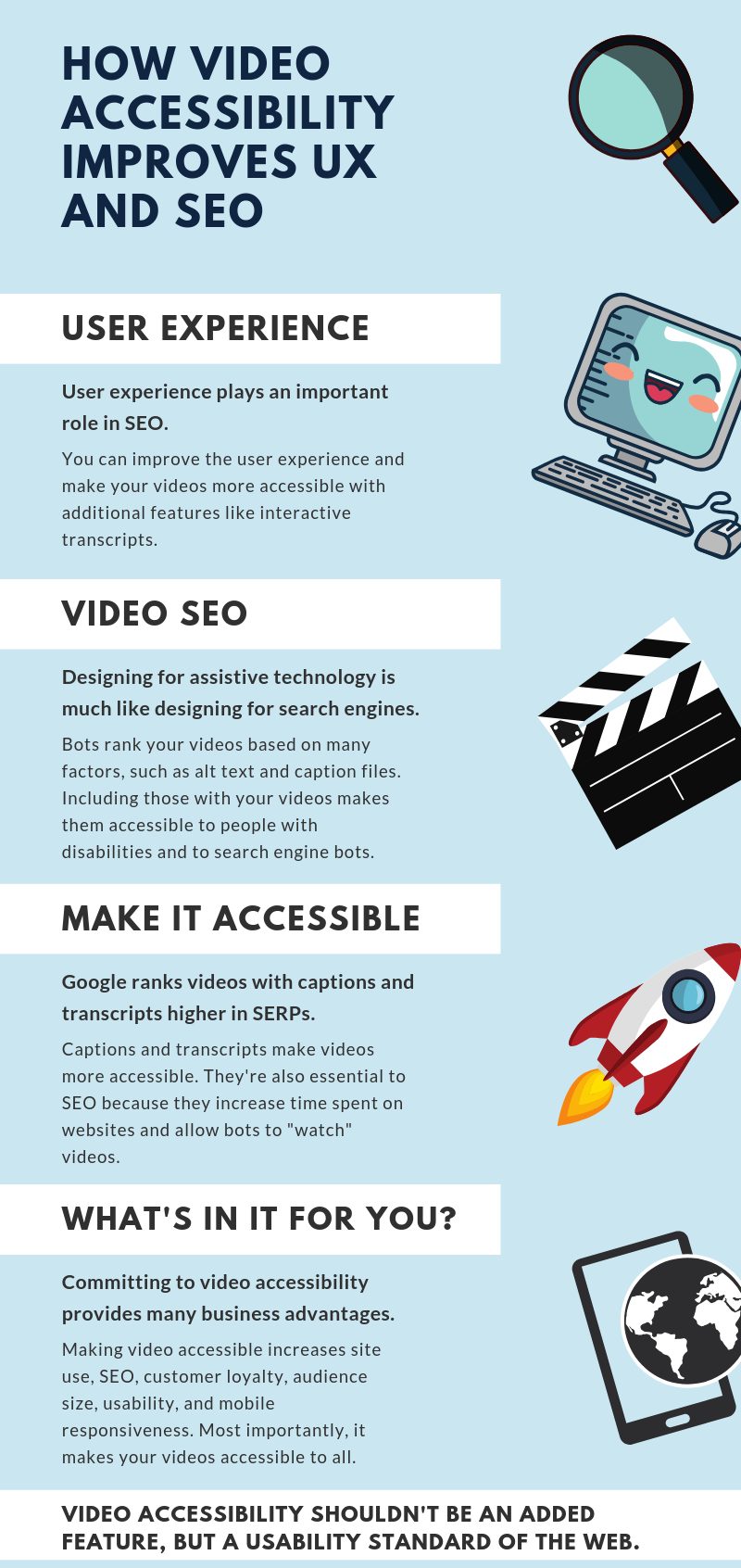 Video accessibility helps to improve both SEO and user experience by providing crucial elements for people with disabilities and for search engine bots.