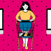 Cartoon woman holds a shopping cart. There are computers on both sides of her with a coupons and pills on the screen.