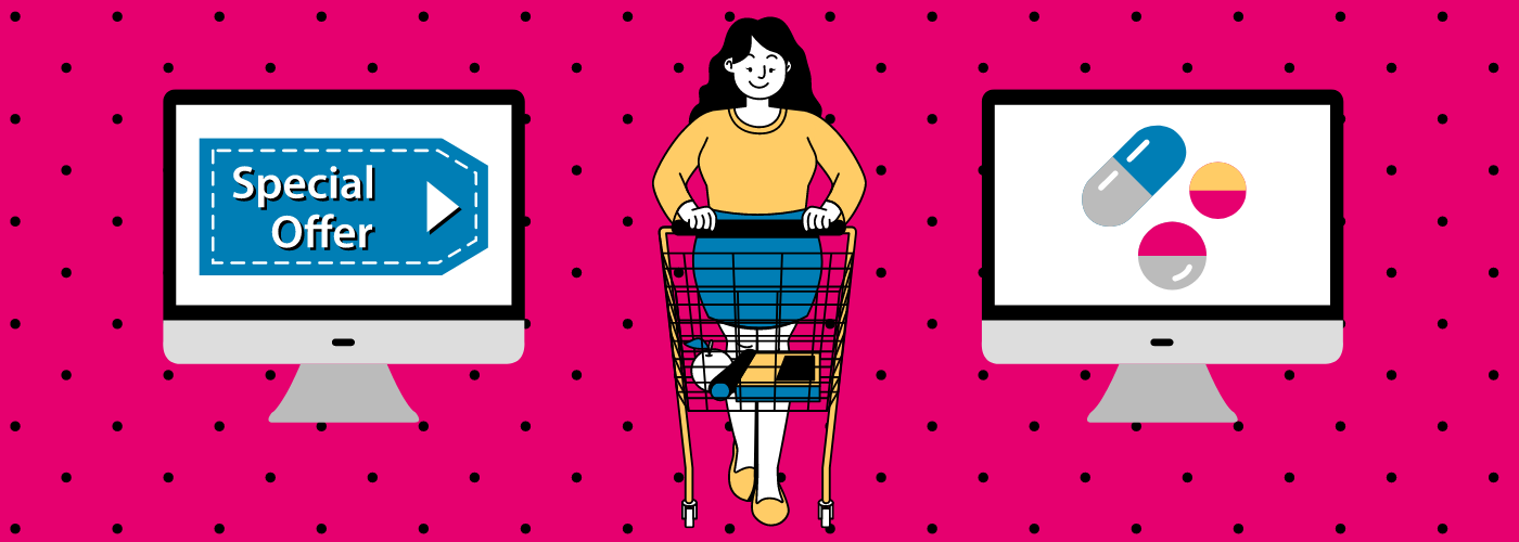 Cartoon woman holds a shopping cart. There are computers on both sides of her with a coupons and pills on the screen.