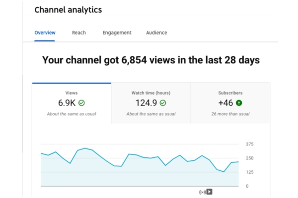 YouTube channel analytics showing the number of views in the last 28 days, watch time, and subscribers.