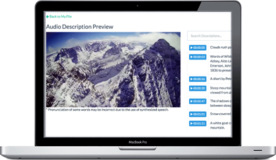 Audio description preview within your 3Play Media account. Descriptions appear with time code to the right of video.
