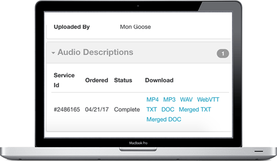 Audio description download formats within your 3Play account. These formats include MP4, MP3, WAV, WebVTT, TXT, DOC, Merged TXT, and Merged Doc