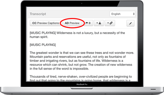 a laptop with a transcript shown on screen. the AD Preview button is highlighted.