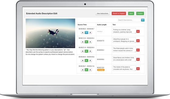 3Play's Audio description editing interface. You can edit the text based on source time. it also tells you the length of the audio, and there is a preview of the video so you can play the changes as you go