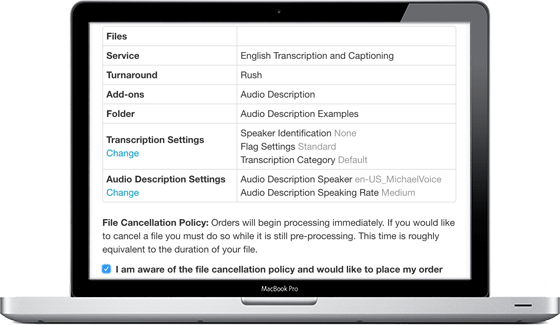 Step five of ordering audio descriptions. You get an overview of what file, service, turnaround, add-on, folder and AD settings you selected.