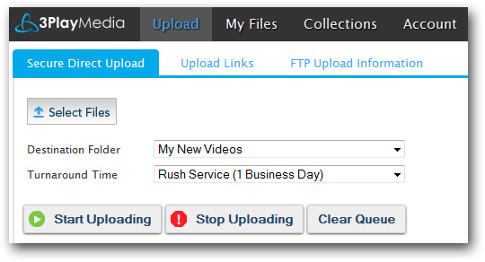 Screenshot in Adobe Flash of Upload window with Secure Direct Upload selected and Destination Folder and Turnaround Time chosen