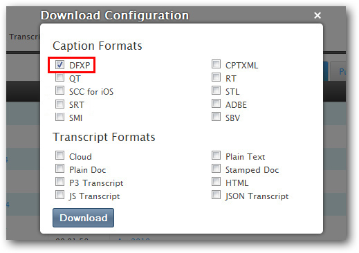 Screenshot of the Download Configuration window with DFXP selected under Caption Formats