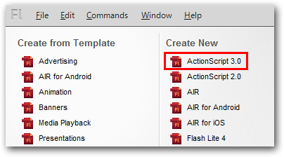 Screenshot in Adobe Flash Professional CS5.5 with ActionScript 3.0 selected under Create New