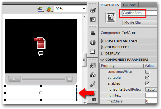 Screenshot in Adobe Flash CaptionArea selected in the Properties window