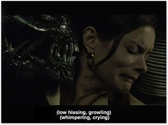 An alien monster sniffing the face of a cowering woman. Caption reads: (low hissing, growling) (whimpering, crying)