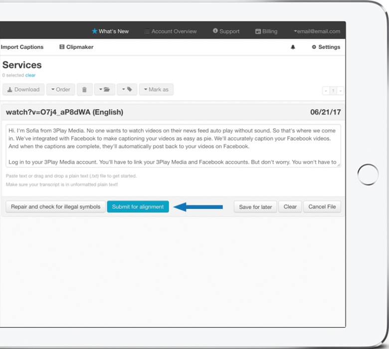 Arrow points to submit for alignment under the transcript preview.