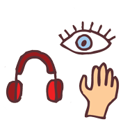 icon of an eye, a hand and a headphone