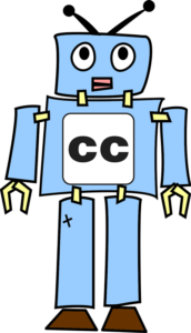 Drawn robot with a captioning logo