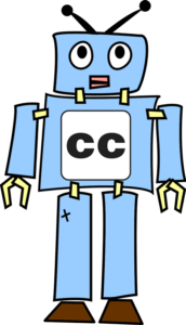 Drawn robot with a captioning logo