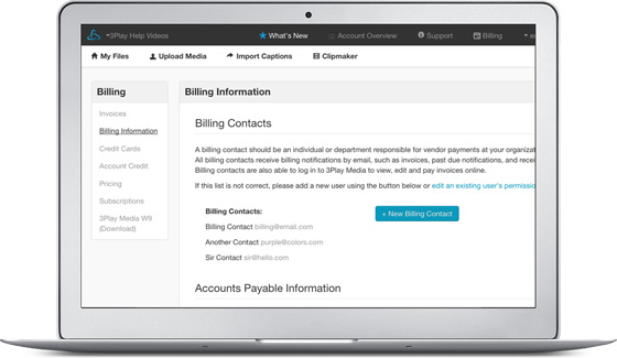 Screenshot of billing information portal in the 3Play account. Sections within read Billing contacts and Accounts payable information