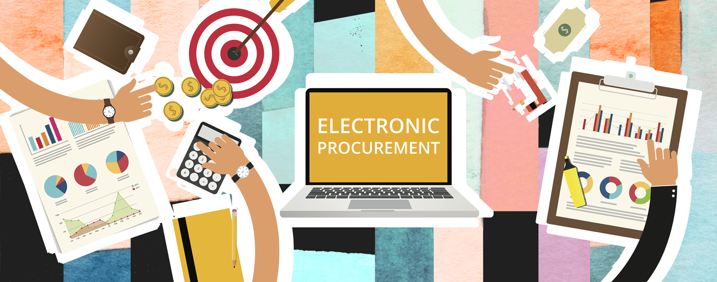 a computer in the middle with the words electronic procurement, hands around the computer hold money, calculators and graphs