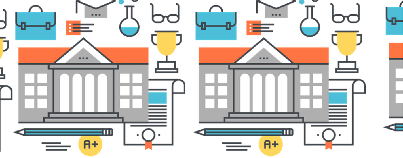 Icons including pencil, glasses, award, building with columns, A+, briefcase, envelope, checklist