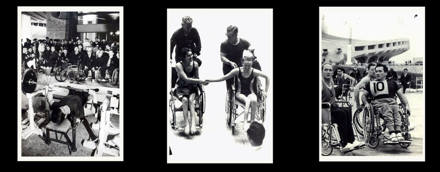 Paralympic athlete picture from the old days featuring wheelchair using athletes