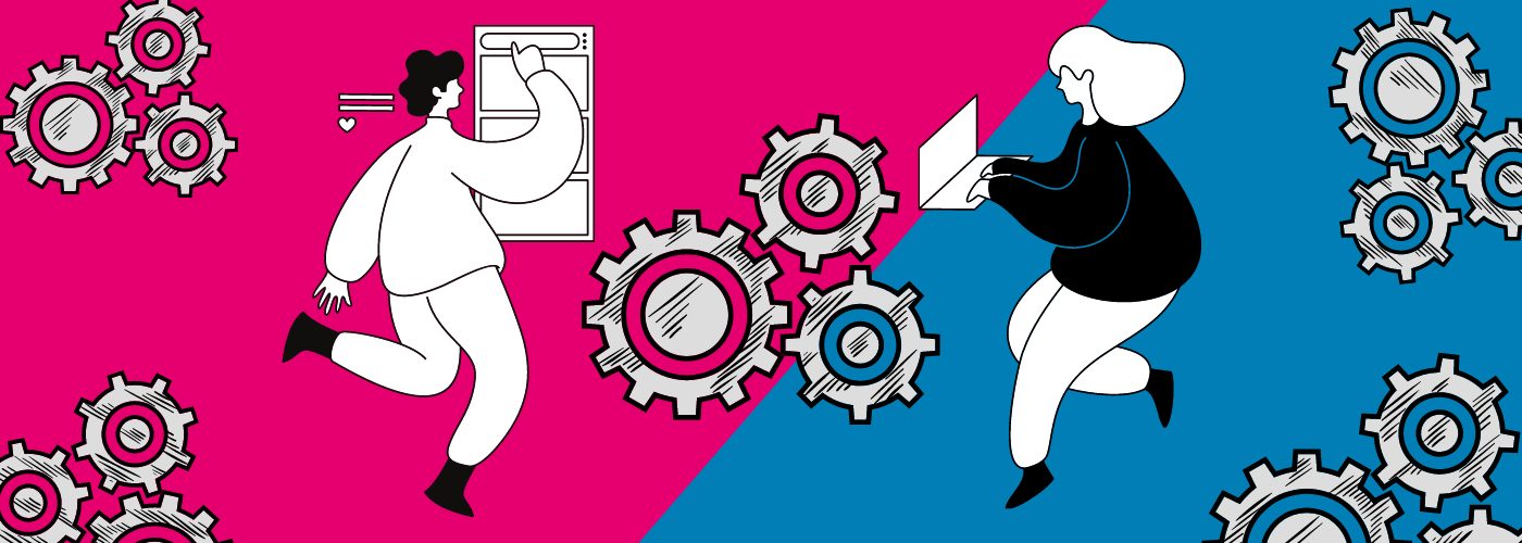 Two cartoon people work together on a magenta and blue background with shifting gear icons.