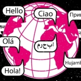 Globe with "hello" translated in multiple languages with stars in the background