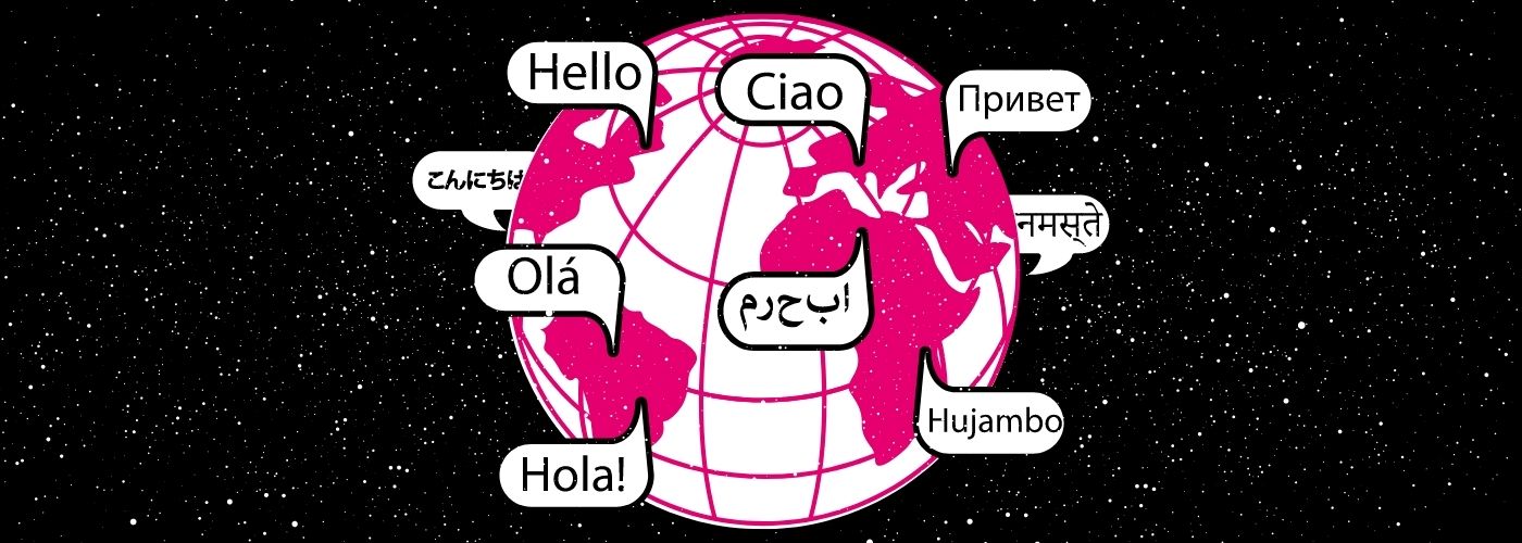 Globe with "hello" translated in multiple languages with stars in the background