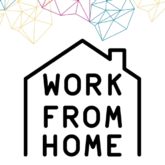 the words Work From Home are outlined by the shape of a home, surrounded by icons of computers and web tools
