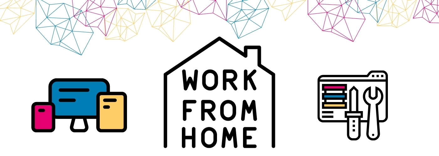 the words Work From Home are outlined by the shape of a home, surrounded by icons of computers and web tools