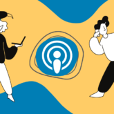 Graphic of two people listening to podcasts with on air symbol in background