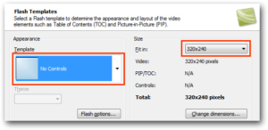 Screenshot of Camtasia with Flash Templates window. No Controls selected under Template. Fit in 320x240