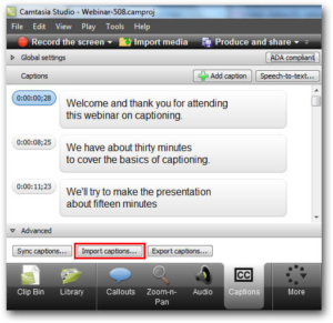 Screenshot of Camtasia Studio recording window with import captions selected