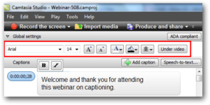 Screenshot of Camtasia Studio. Text formatting bar is selected with font name, size, color, background color, alignment.